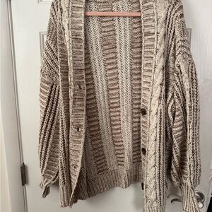 Cozy Cable Knit Cardigan Sweater - Brown and Cream
